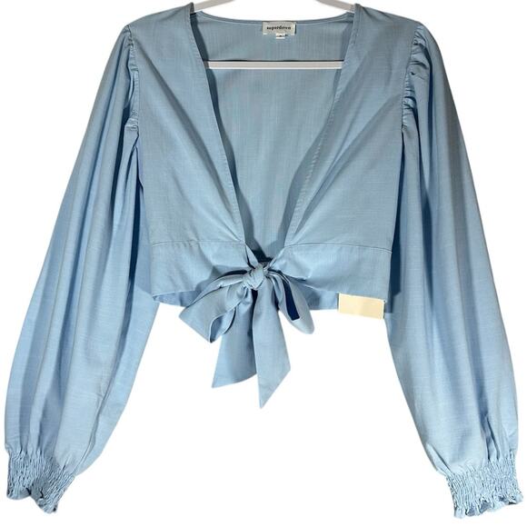 Superdown Victoria Top NWT Sz S Cropped Tie Front Long Balloon Sleeve Revolve - Picture 1 of 8